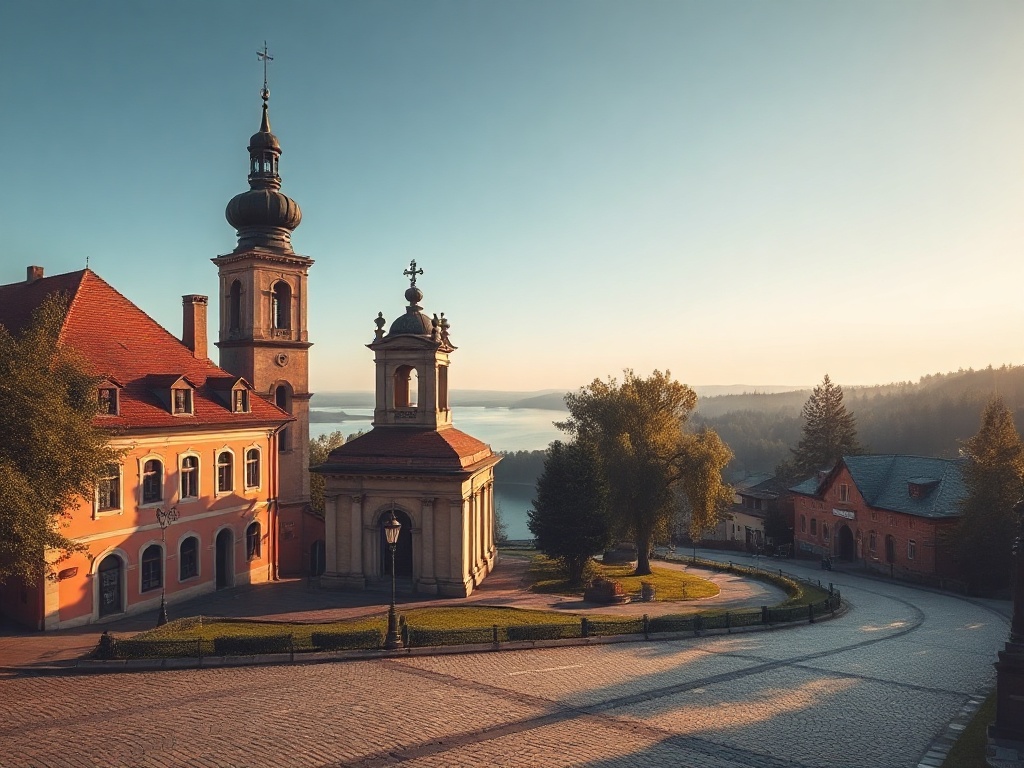 Widok na jezioro Czos w Mrągowie z panoramą miasta w tle